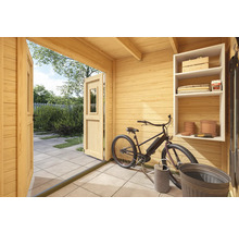 Vue intérieure d''une cabane de jardin en bois avec porte ouverte, vélo et étagère.