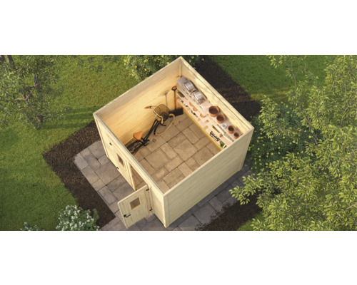 Vue de dessus d''un abri de jardin en bois avec un vélo et des outils de jardinage