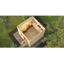 Abri de jardin avec vélo, étagères et outils de jardinage vu de dessus