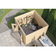 Image d''un abri de jardin avec des étagères et des outils de jardinage