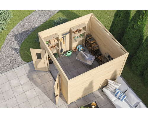 Image d''un abri de jardin avec des étagères et des outils de jardinage