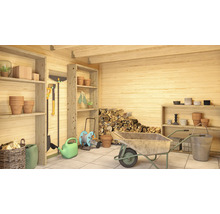 Abri de jardin en bois avec étagères, brouette et outils de jardin