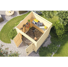 Abri de jardin en bois avec outils de jardin et vélo dans le jardin