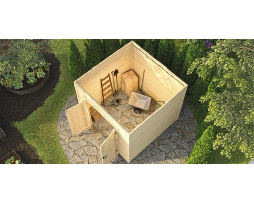 Abri de jardin avec outils de jardin et accessoires dans un jardin bien entretenu