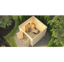 Abri de jardin en bois avec outils de jardinage à l''extérieur