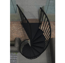 Ansicht von oben einer schwarzen Wendeltreppe aus Metall.