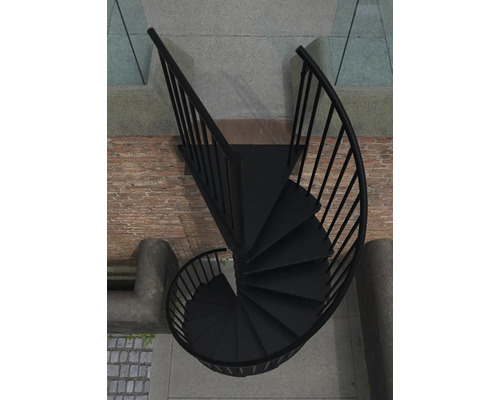 Ansicht von oben einer schwarzen Wendeltreppe aus Metall.