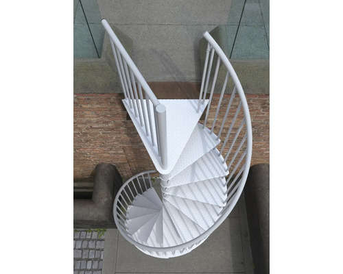 Draufsicht einer Wendeltreppe aus Metall mit Geländer
