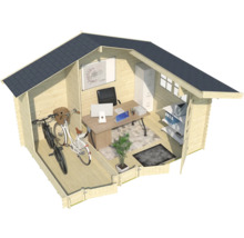 Abri de jardin en bois avec vélos, bureau et mobilier de bureau.