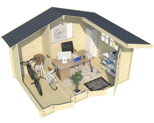 Abri de jardin en bois avec vélos, bureau et mobilier de bureau.
