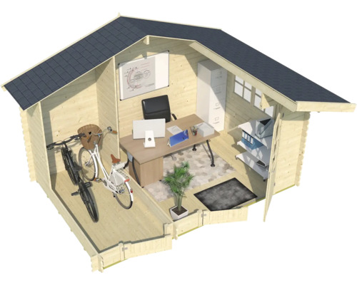 Abri de jardin en bois avec vélos et mobilier de bureau
