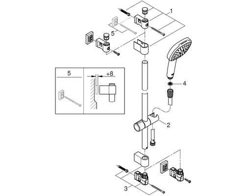 Schéma éclaté d''une barre de douche avec douchette à main et matériel de fixation.