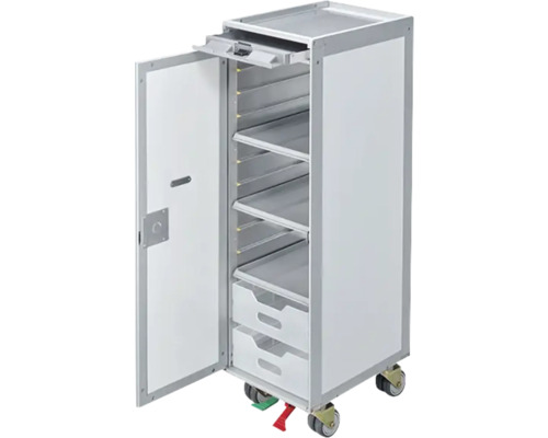 Chariot de service avec étagères, tiroirs et porte