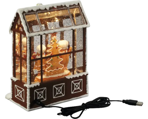 Boule à neige décorative en forme de maison en pain d''épices avec éclairage LED et câble USB