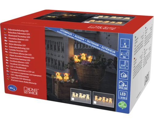 Verpackung einer LED-Dekorationsbeleuchtung mit Tiermotiven für den Aussenbereich von Konstsmide mit 40 Leuchten, 5 Meter Zuleitung und 10,5 Zentimeter Lampenabstand