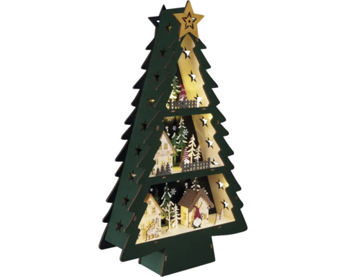 Dekorativer Weihnachtsbaum aus Holz mit Sternen und Häusern