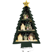 Dekorativer Weihnachtsbaum aus Holz mit LED Beleuchtung, inklusive Häusern und Figuren