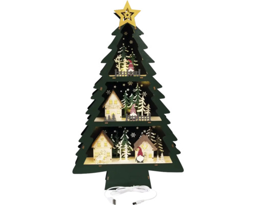 Dekorativer Weihnachtsbaum aus Holz mit LED Beleuchtung, inklusive Häusern und Figuren