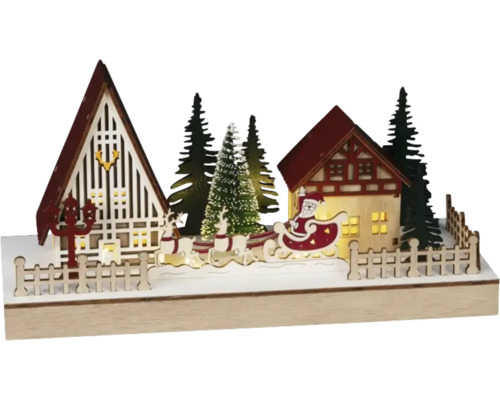 Weihnachtsdekoration mit Santa Claus, Rentieren, Häusern und Bäumen