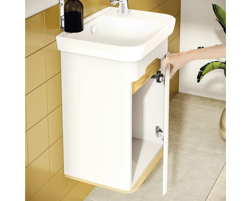 Waschtisch mit offenem weissem Unterschrank und Waschbecken