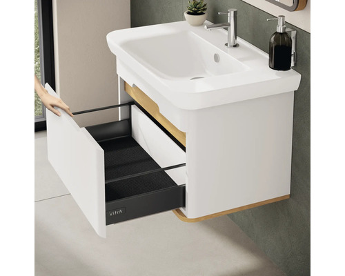 Waschtischunterschrank mit geöffneter Schublade und Waschbecken