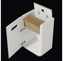Weisser Badezimmerschrank mit Holzschublade und offener Tür