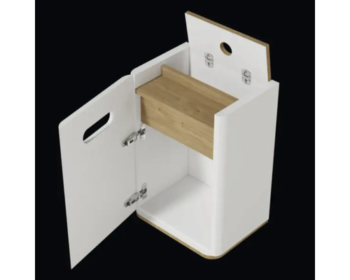 Meuble de salle de bain blanc avec tiroir en bois et porte ouverte