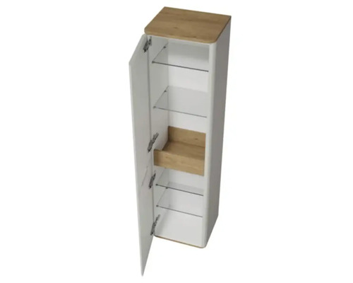 Armoire haute de salle de bain ouverte avec étagères en verre et élément en bois