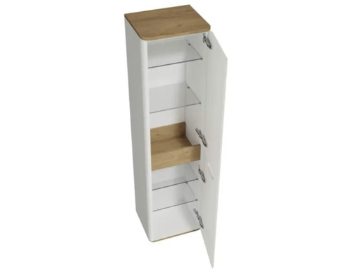 Armoire de salle de bain blanche avec éléments en bois et étagères en verre