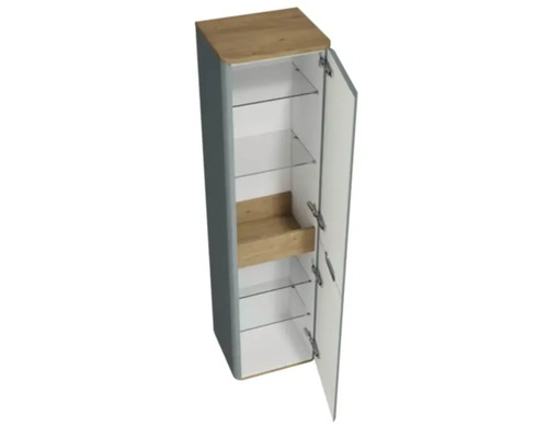 Armoire haute avec porte, étagères en verre et éléments en bois pour la salle de bain