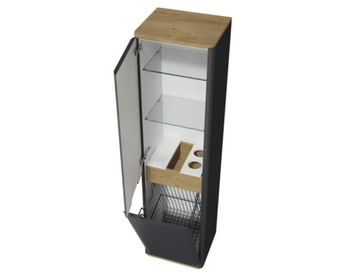 Hochschrank mit Fächern, Ablageflächen und Wäschekorb für das Badezimmer