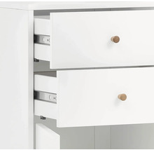 Vue détaillée d''une armoire blanche avec deux tiroirs ouverts et des poignées en bois