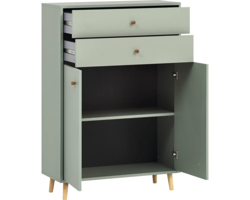 Commode avec deux tiroirs et deux portes ouvertes