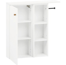 Armoire de salle de bains blanche avec étagères et porte ouverte