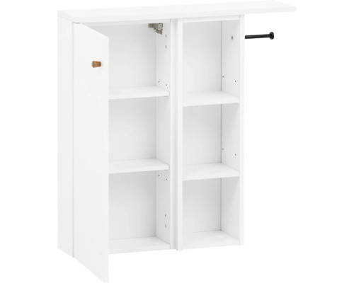 Armoire de salle de bains blanche avec étagères et porte ouverte