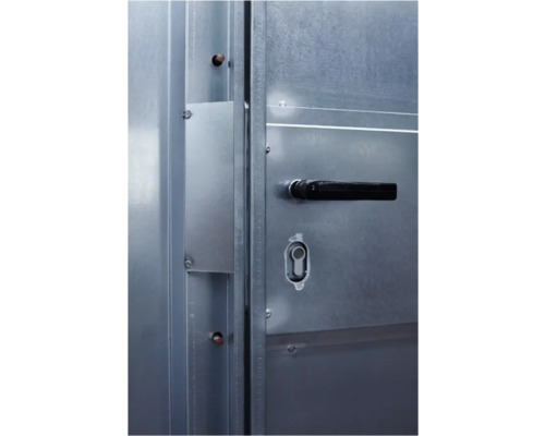 Detailansicht einer Metalltür mit schwarzem Türgriff und Schloss