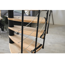 Detailansicht einer Wendeltreppe mit Holzstufen und Geländer