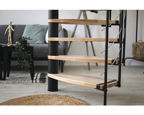 Raumansicht mit Wendeltreppe aus Metall und Holz