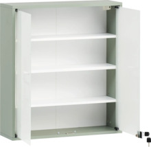 Armoire en acier avec trois étagères et deux portes ouvertes