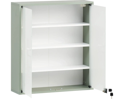 Armoire en acier avec trois étagères et deux portes ouvertes