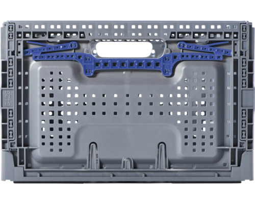 Boîte pliante grise en plastique avec détails bleus pour le transport et le stockage