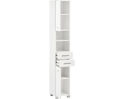 Hoher weisser Badezimmerschrank mit Regalen und Schubladen