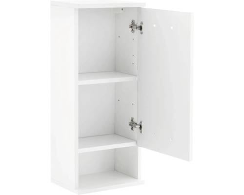 Weißer Hängeschrank mit zwei Regalböden und offener Tür