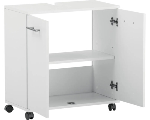 Weisser Waschbeckenunterschrank mit Rollen, zwei Türen und einem Regalboden
