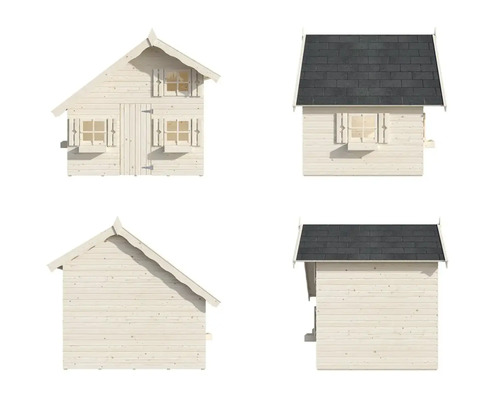 Ansichten eines Holzgartenhauses mit Tür, Fenstern und Dach