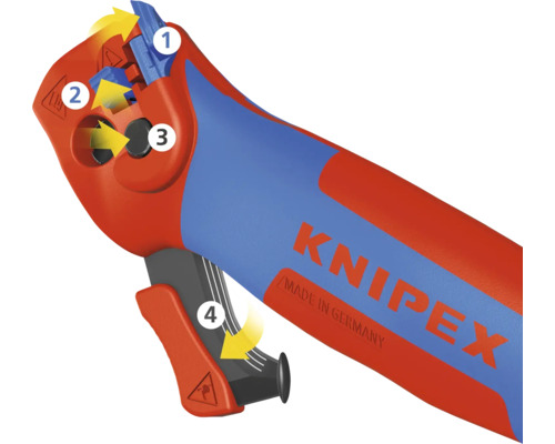 KNIPEX Logo. Abisolierzange mit Kabelquerschnitten und Tiefenanschlag Markierungen.