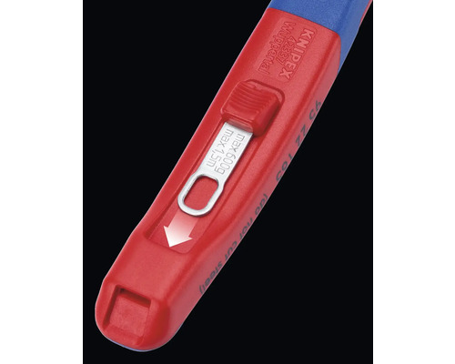 Pince à dénuder Knipex, vue détaillée avec curseur, inscription et flèche