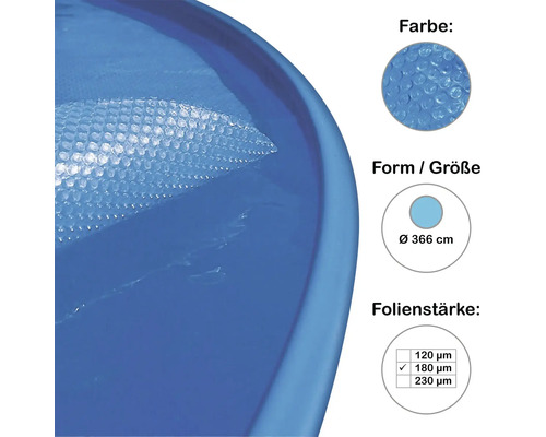 Couverture de piscine bleue à structure alvéolée, diamètre 366 centimètres et épaisseur de film de 180 micromètres.