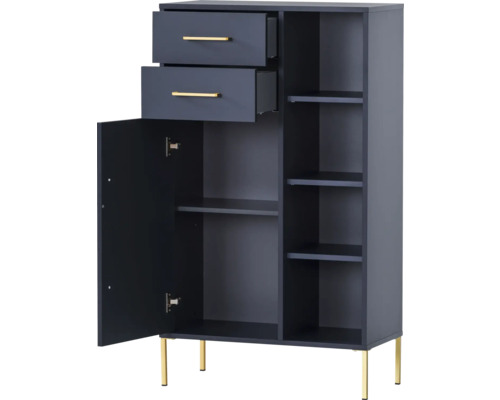 Schrank mit zwei Schubladen, einer Tür und Regalen