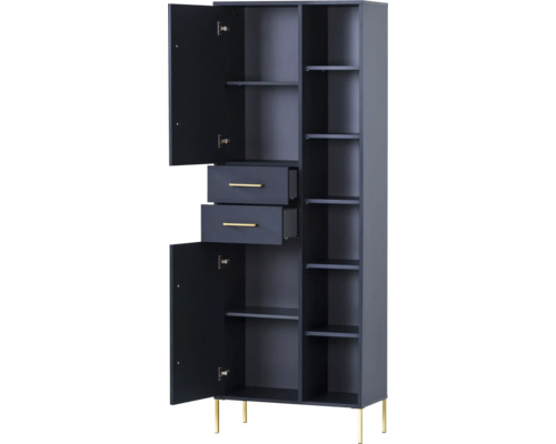 Armoire haute avec portes ouvertes, tiroirs et étagères